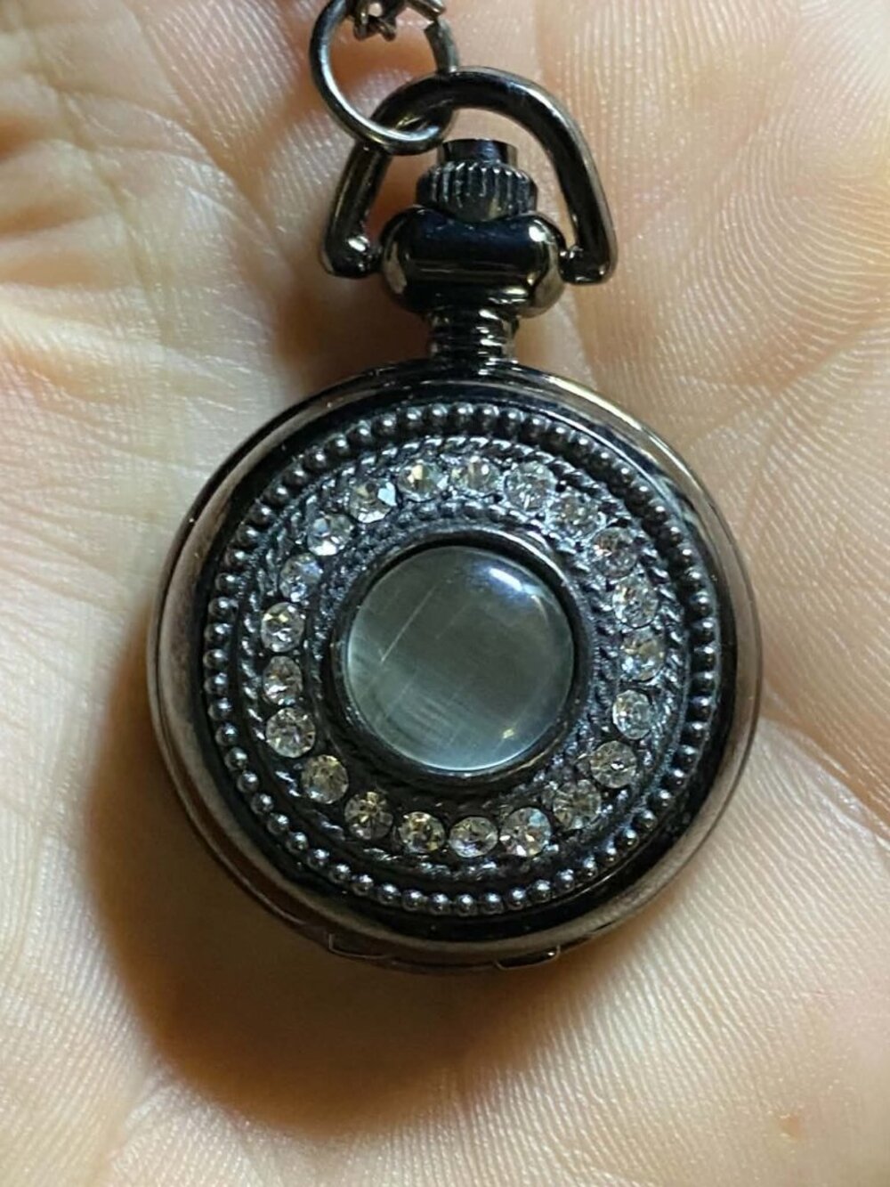 Vintage Ladies Fancy Black Grey Cabochon Rhinestone Working Round Pocket Watch
